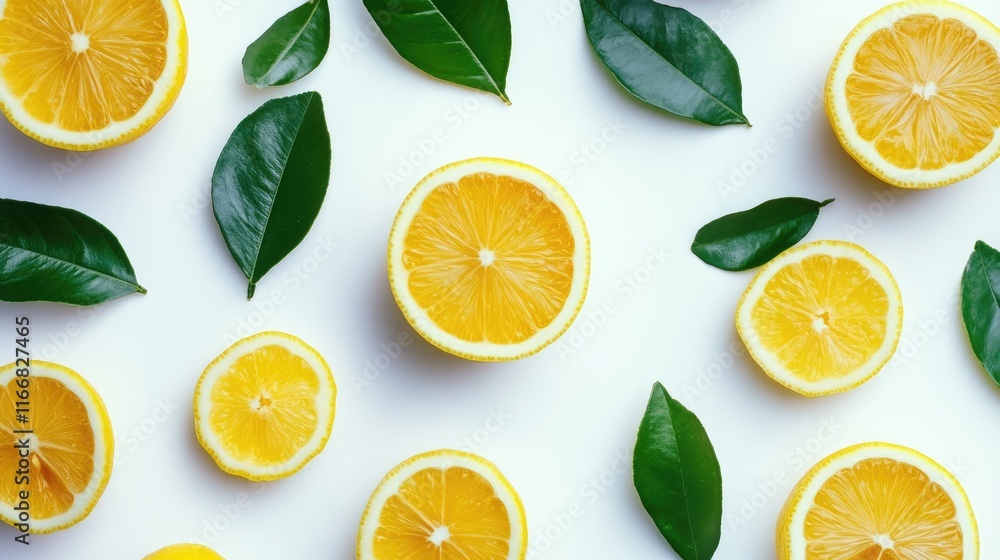 Poster sliced lemons with green leaves arranged on a white background creating a fresh and vibrant composit