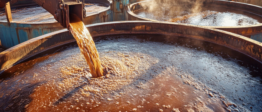 Industrial process of molten iron pouring into pools for cooling and solidification in a rustic manufacturing setting