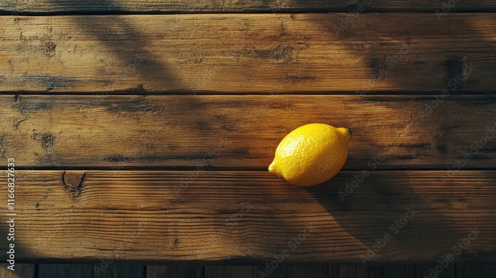 Poster fresh lemon on rustic wooden table with natural shadows highlighting the texture of the wood and vib