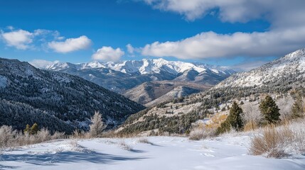 Winter Landscape of Crest Mountains with Snow-Capped Peaks and Clear Blue Sky in Majestic Outdoor Scene