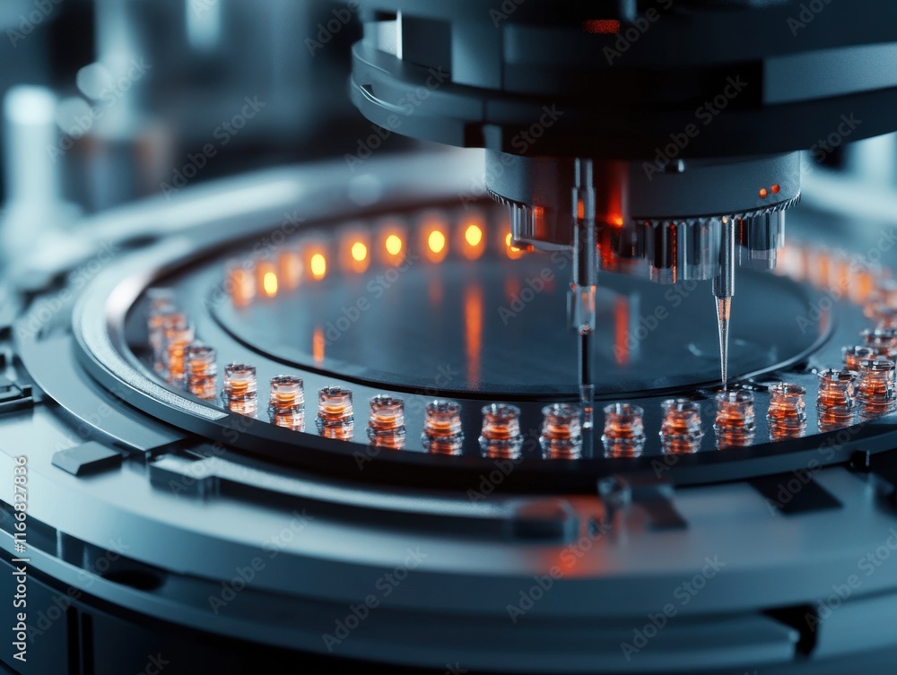 Poster close-up of advanced technology in a laboratory setting with precise machinery and glowing elements.