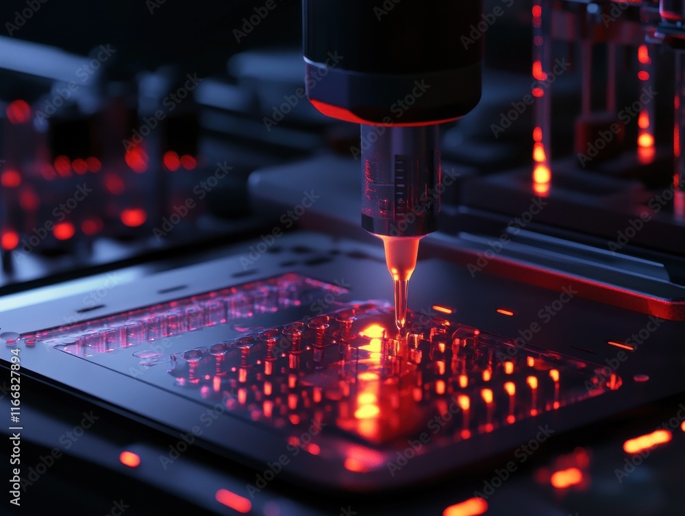 Poster close-up of a laboratory scene with a scientific instrument injecting liquid onto a microchip, illum