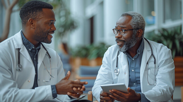A happy young geriatric doctor and a senior Indian patient discussing modern technology and healthcare while using a digital tablet together, both laughing as they look at the display in the doctor's