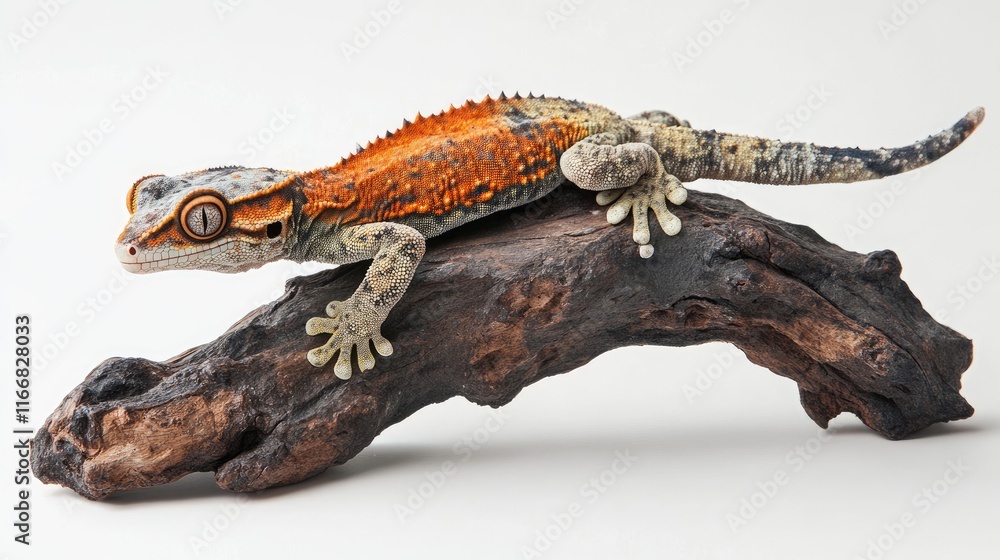 Poster crested gecko perched on a natural log showcasing its vibrant colors and unique textures in a studio