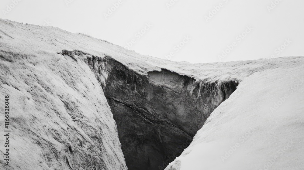 Poster snowy crevasse in a glacial landscape with sharp edges and contrasting textures in monochrome tones.