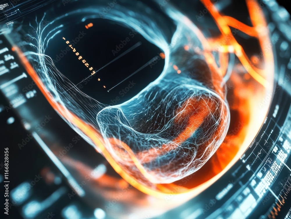 Poster abstract digital visualization of an eye, featuring intricate light patterns and vibrant color gradi