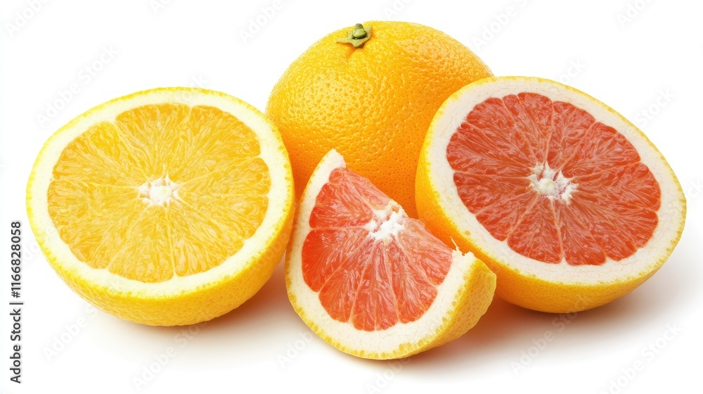Poster citrus fruit slices including lemon orange and grapefruit arranged on a white background with space 