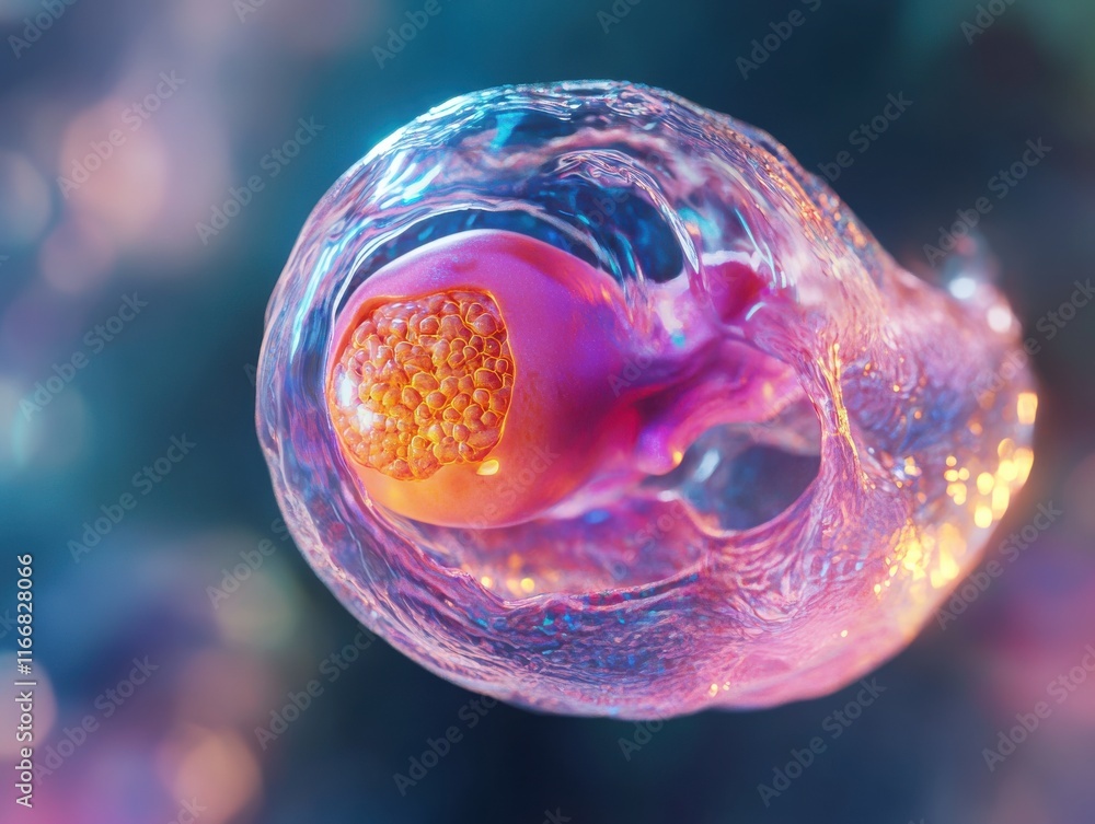 Poster a colorful, abstract representation of a cellular structure, showcasing vibrant colors and intricate