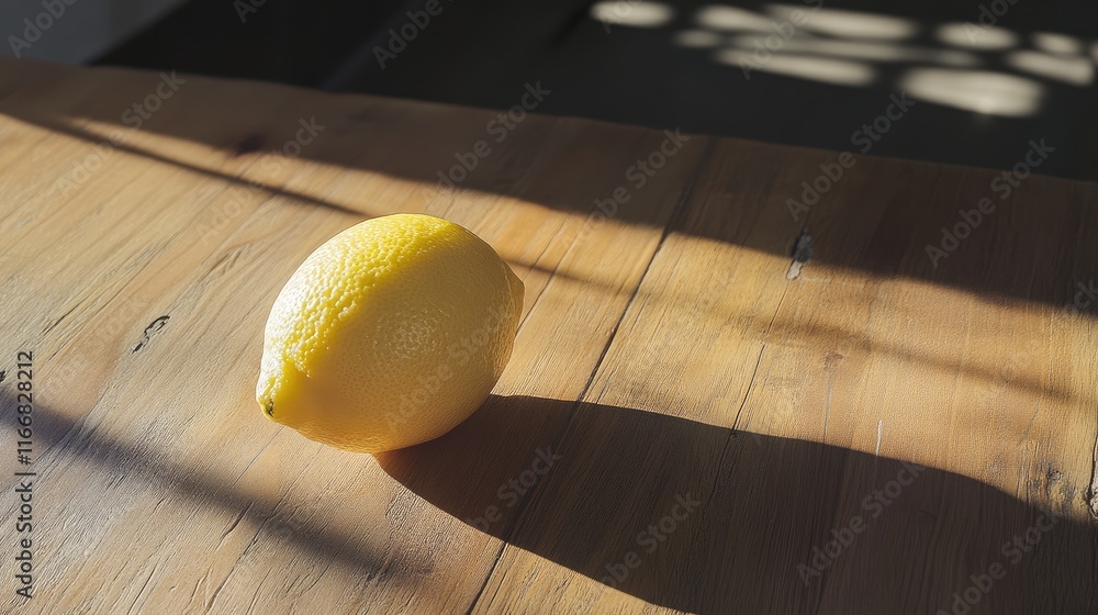 Aufkleber fresh lemon on rustic wooden table under natural light creating soft shadows.