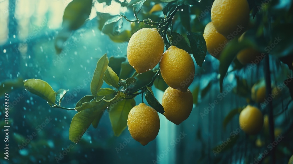 Poster ripe lemons hanging on a tree with rain droplets creating a fresh and vibrant atmosphere in an orcha