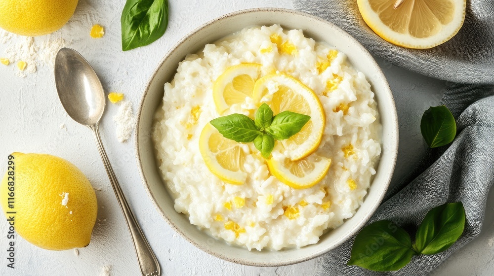 Poster lemon rice pudding with fresh lemon slices and basil in a rustic bowl on a light background garnishe