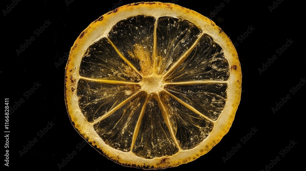 Poster dried lemon slice against a dark background showcasing its unique texture and natural pattern suitab