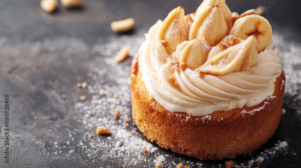 Poster crispy banana cake topped with creamy frosting and banana slices on a dark textured background showc