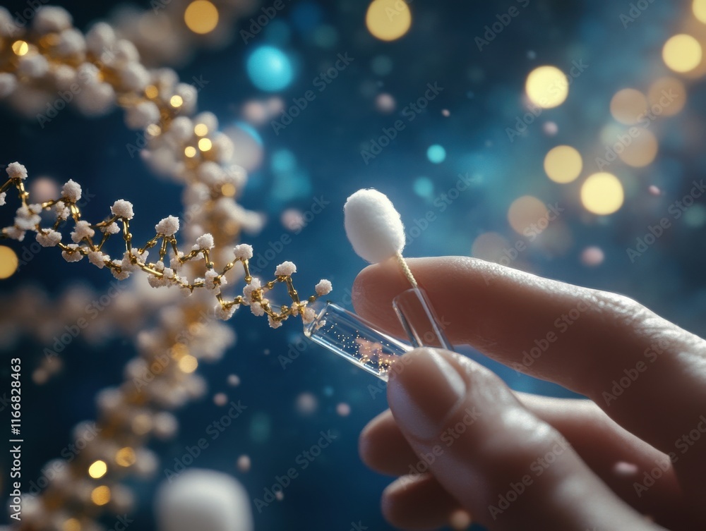 Poster a close-up of a hand manipulating a delicate strand of dna, showcasing science and innovation in a c