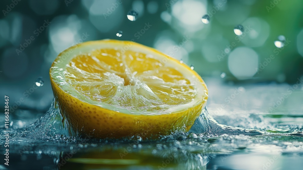 Poster fresh lemon slice splashing in water with droplets on an abstract green background creating a vibran
