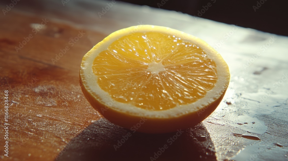 Poster fresh lemon slice on rustic wooden table showcasing vibrant color and texture in natural light for c