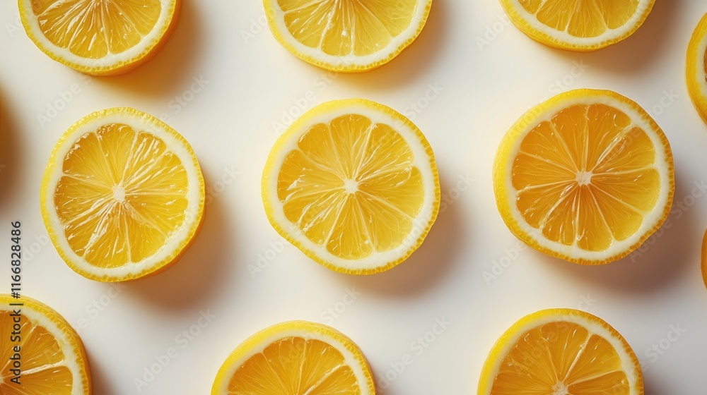 Poster fresh lemon slices arranged on white background for culinary or refreshing beverage use