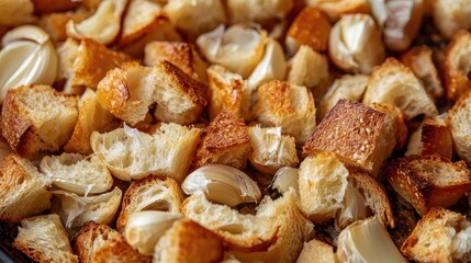 Crispy garlic bread cubes arranged attractively on a sweet background highlighting texture and savory appeal