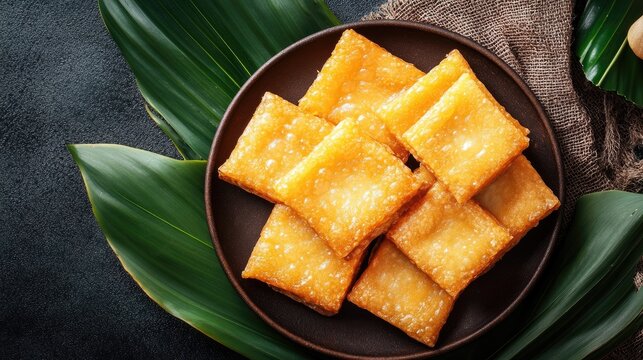 Crispy kuih kapit displayed on a dark background garnished with tropical leaves showcasing traditional Asian dessert appeal