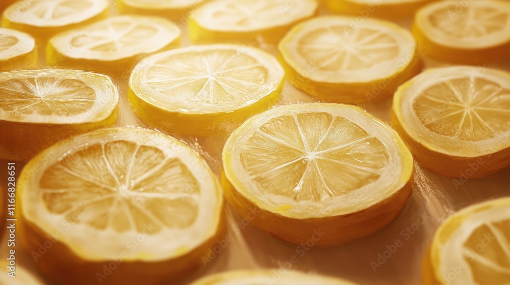 Poster close up of vibrant lemon slices arranged in a lined pattern showcasing refreshing citrus fruit for 