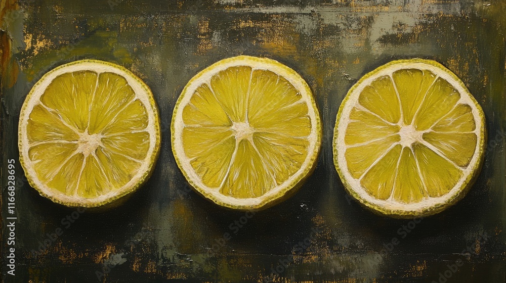 Poster lemon slices arranged in a row on a textured background showcasing vibrant yellow color and fresh ci