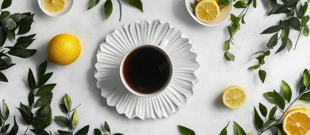 Poster cup of tea with lemon and fresh greenery on a white table elegant breakfast setting in a modern inte