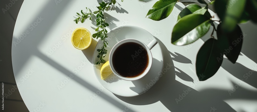 Aufkleber tea and lemon on a white table with greenery showcasing a modern breakfast setting from a top view p