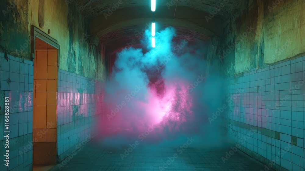 Poster neon lit tunnel with multicolored smoke and laser lines creating an atmospheric scene in a gritty, u