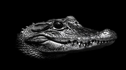 Fototapeta premium Crocodile head in monochrome against a black background showcasing intricate textures and fierce expression
