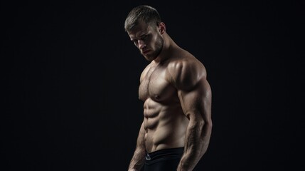 Fototapeta premium A man with a muscular body is standing in a dark room