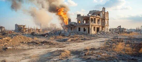 Devastation from military conflict showcasing burning ruins and a desolate landscape with smoke and destruction in a war-torn environment