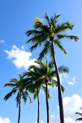 A beautiful view of tall palm trees against a bright blue sky with fluffy white clouds. The scene evokes a tropical paradise, perfect for relaxation and vacation vibes.
