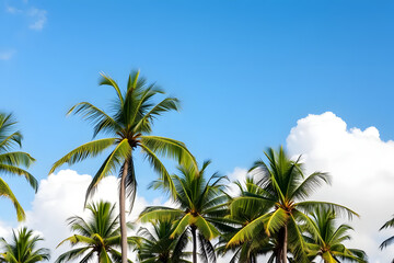 Fototapeta premium A beautiful view of tall palm trees against a bright blue sky with fluffy white clouds. The scene evokes a tropical paradise, perfect for relaxation and vacation vibes.