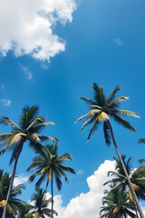 Obraz premium A beautiful view of tall palm trees against a bright blue sky with fluffy white clouds. The scene evokes a tropical paradise, perfect for relaxation and vacation vibes.