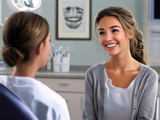 Fototapeta premium Smiling Caucasian woman in a dental office, engaged in a friendly conversation with the dentist.