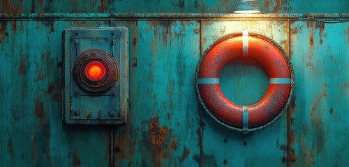 A bright red warning light is mounted on a rusted wall, adjacent to a vibrant orange life preserver. The setting reflects a coastal environment with weathered textures.