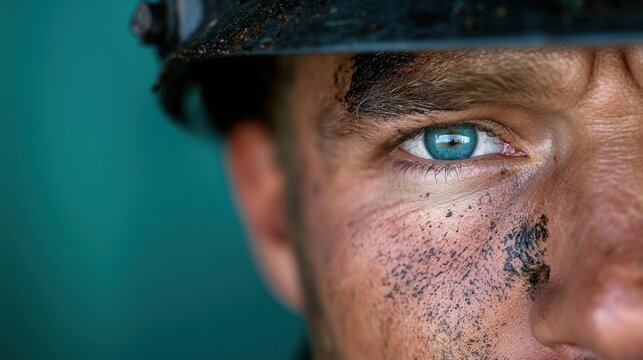 A man with a blue eye and a dirty face