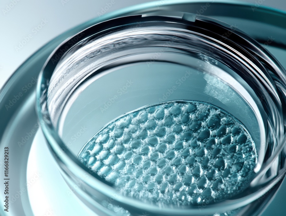 Poster close-up of a transparent glass with bubbles in a soft blue setting, creating a serene and calming m