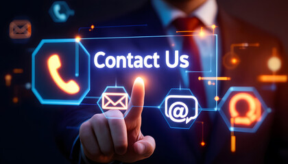 Obraz premium Contact Us Concept, Hand Pointing at Digital Contact Interface, Customer Support and Communication, Reaching Out, Digital Contact Us Interface with Icons