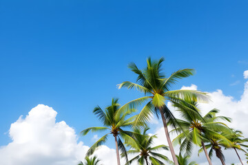 Obraz premium A beautiful view of tall palm trees against a bright blue sky with fluffy white clouds. The scene evokes a tropical paradise, perfect for relaxation and vacation vibes.