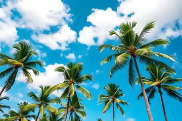 Obraz premium A beautiful view of tall palm trees against a bright blue sky with fluffy white clouds. The scene evokes a tropical paradise, perfect for relaxation and vacation vibes.