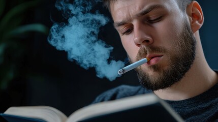 Fototapeta premium A man smokes a cigarette while reading a book