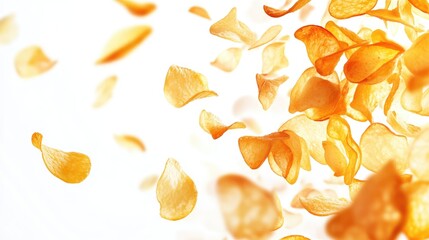 Fototapeta premium Crispy potato chips scattered on a white background showcasing a dynamic and appetizing snack experience