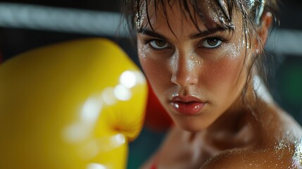 A woman wearing a yellow boxing glove and a red glove