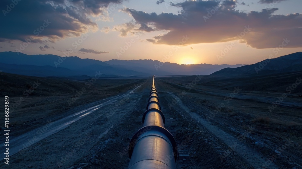 Poster a long pipeline is shown in the distance with a sunset in the background
