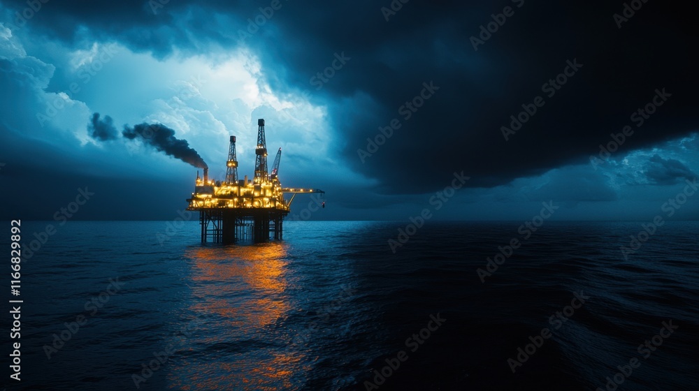 Poster a large oil rig is floating in the ocean with a storm in the background