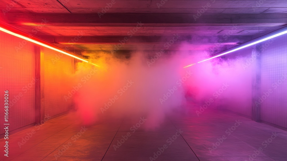 Poster neon lit tunnel with multicolored smoke and laser lines creating an immersive atmosphere in a concre