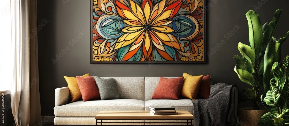 Poster vibrant decorative wall art with intricate patterns enhancing modern interior spaces creating a warm