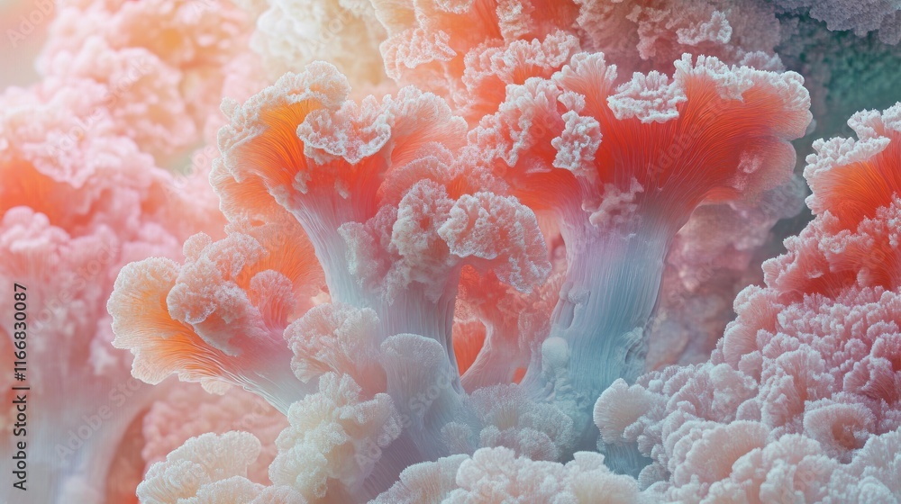 Poster crested coral fungus displaying intricate details and vibrant colors in a natural setting highlighti