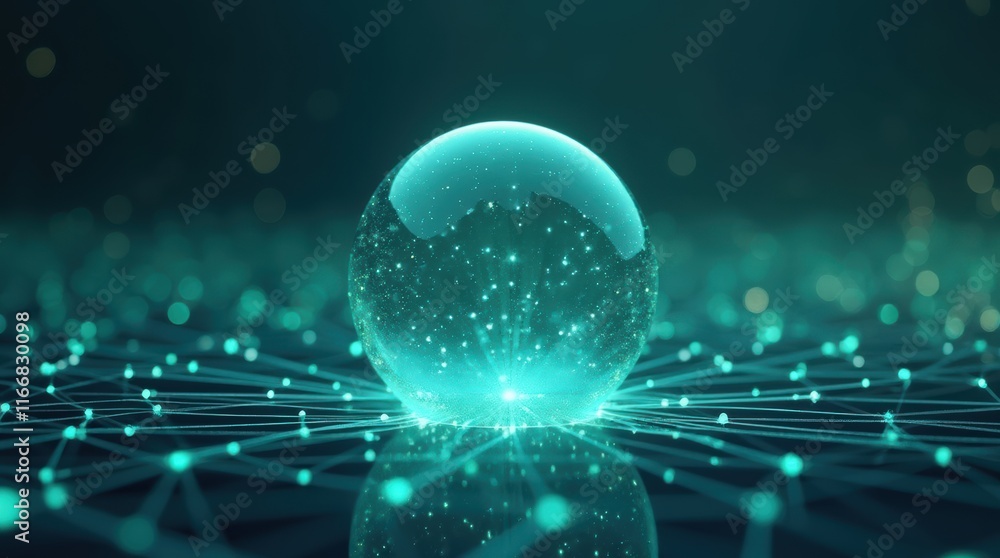 Poster stunning abstract digital sphere illuminated by a network of sparkling lights and connections